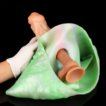 Strap-On Penis Sleeve Bitter Melon Nubs – Triple Swirl, Jade Scrotum & Wearable Fetish | Platinum Silicone | SiliconeLust