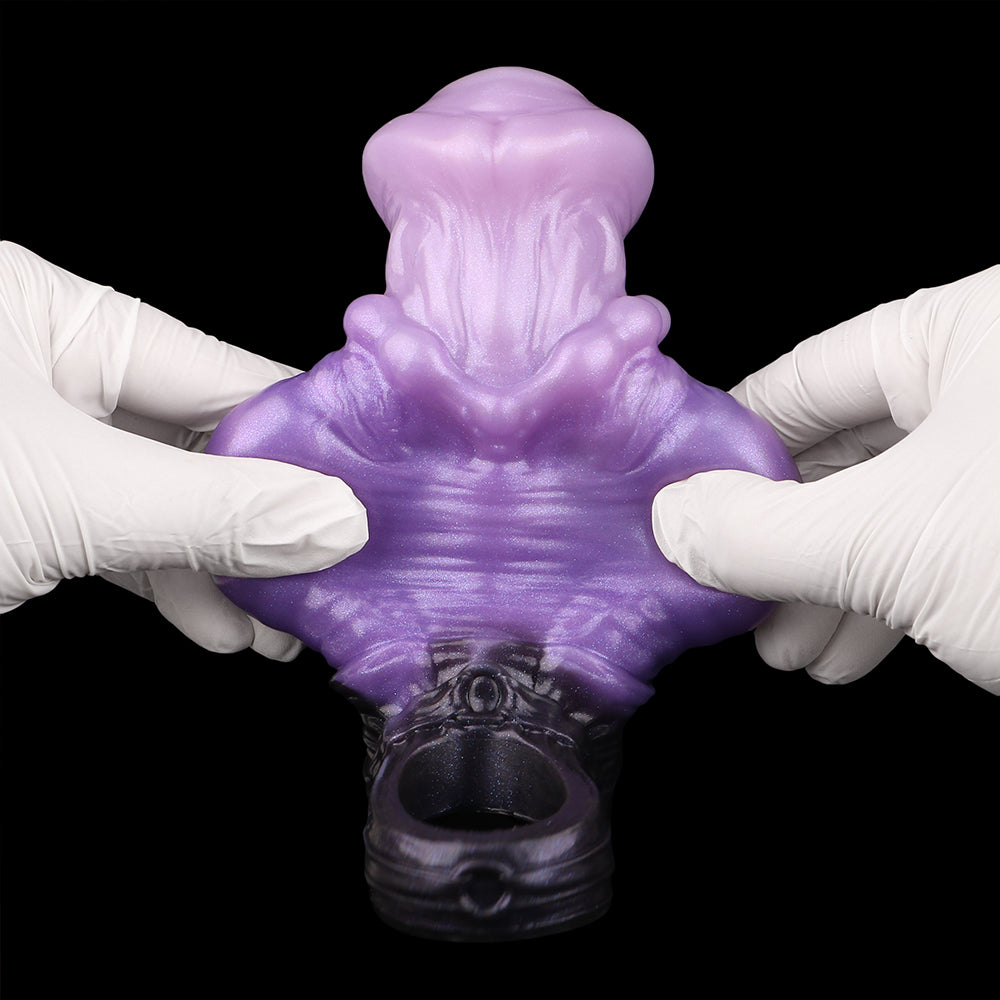 Fantasy Girth Enhancement Sleeve Platinum Silicone - Stretchable Cock Sleeve with Monster Balls and Double Bead Chain