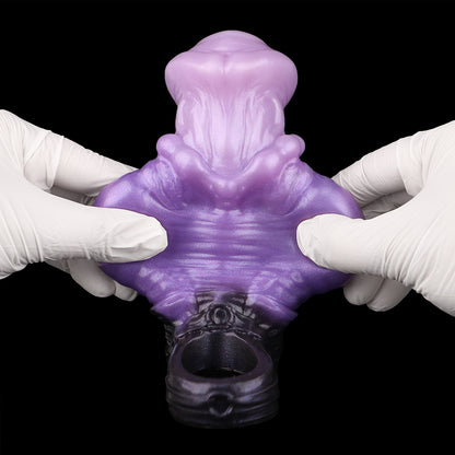 Fantasy Girth Enhancement Sleeve Platinum Silicone - Stretchable Cock Sleeve with Monster Balls and Double Bead Chain