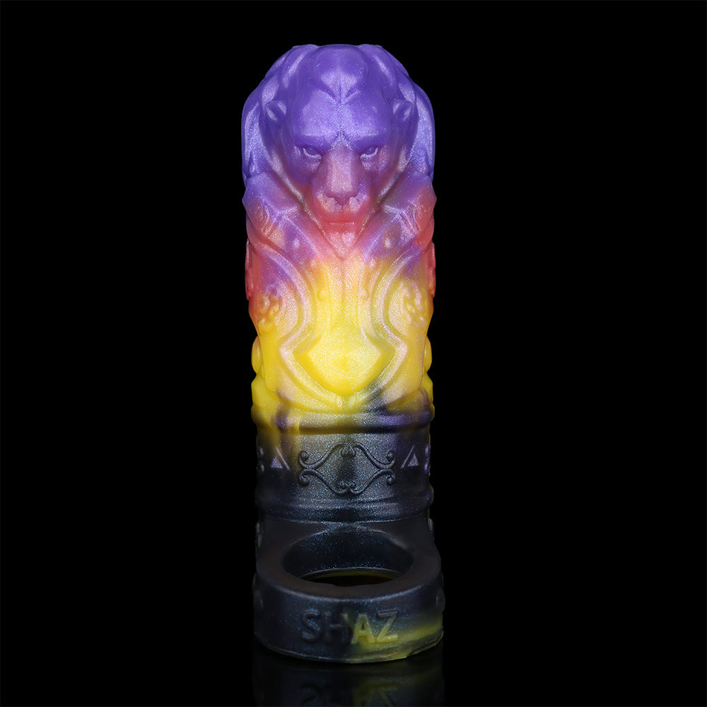 Royal Lion Head Penis Sleeve - Open Tip & Premium Platinum Silicone in Neon Glitter
