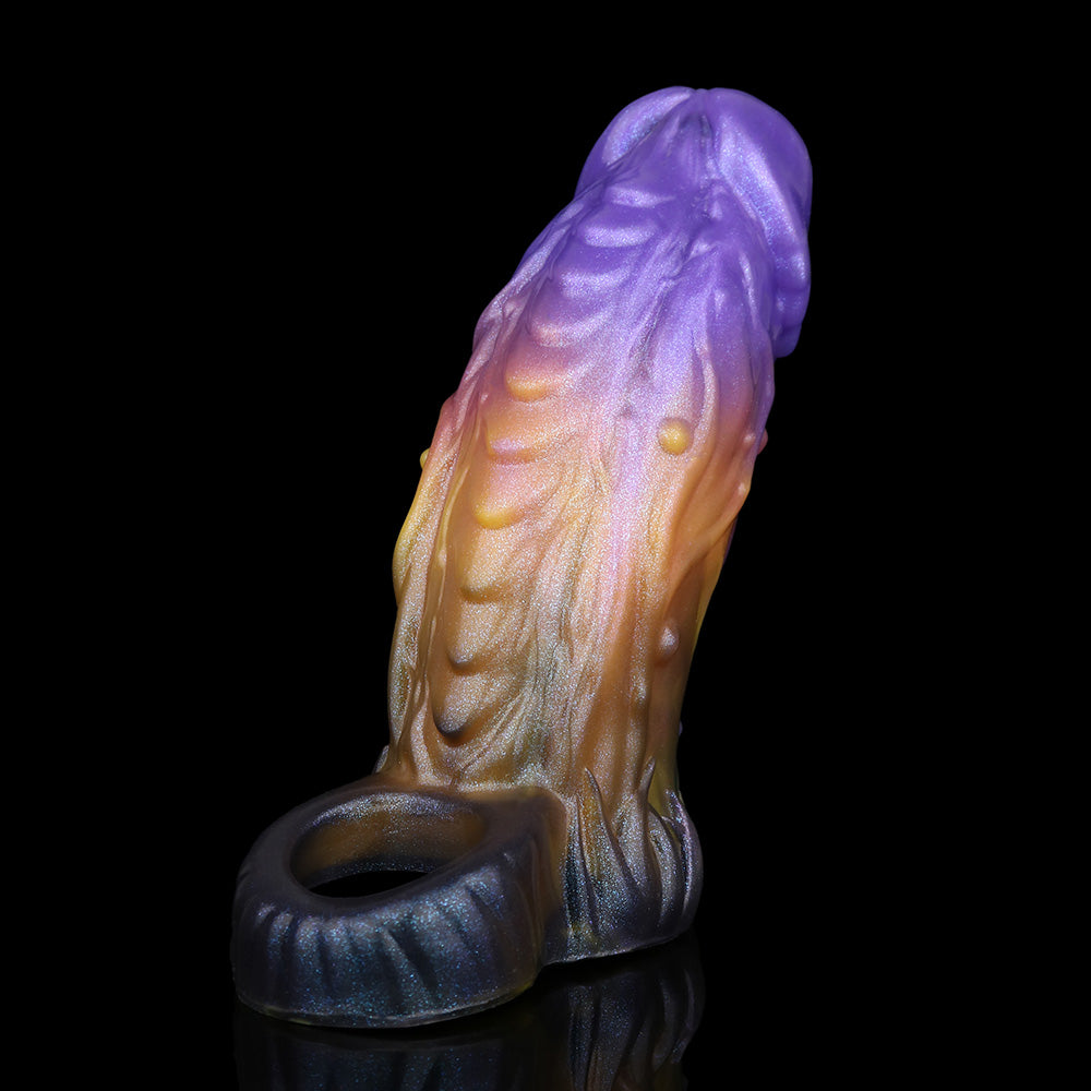 Alien Penis Sleeve – Violett-Orange-Gold, Offene Eichel & Verzögerungsring
