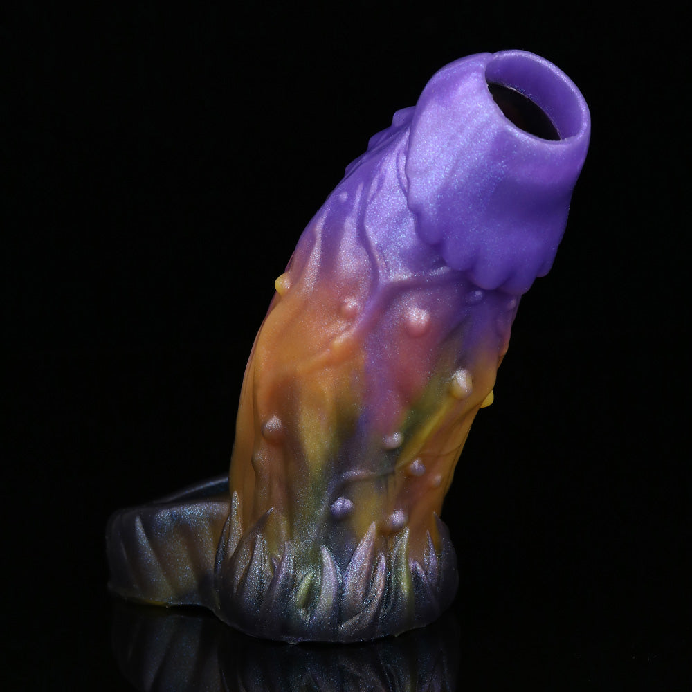Alien Penis Sleeve – Violett-Orange-Gold, Offene Eichel & Verzögerungsring