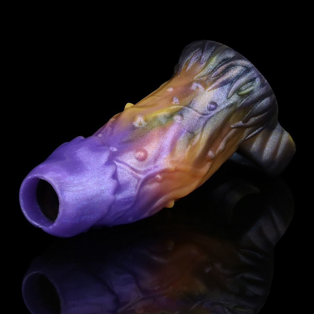 Alien Penis Sleeve – Violett-Orange-Gold, Offene Eichel & Verzögerungsring