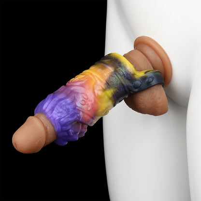 Royal Lion Head Penis Sleeve - Open Tip & Premium Platinum Silicone in Neon Glitter