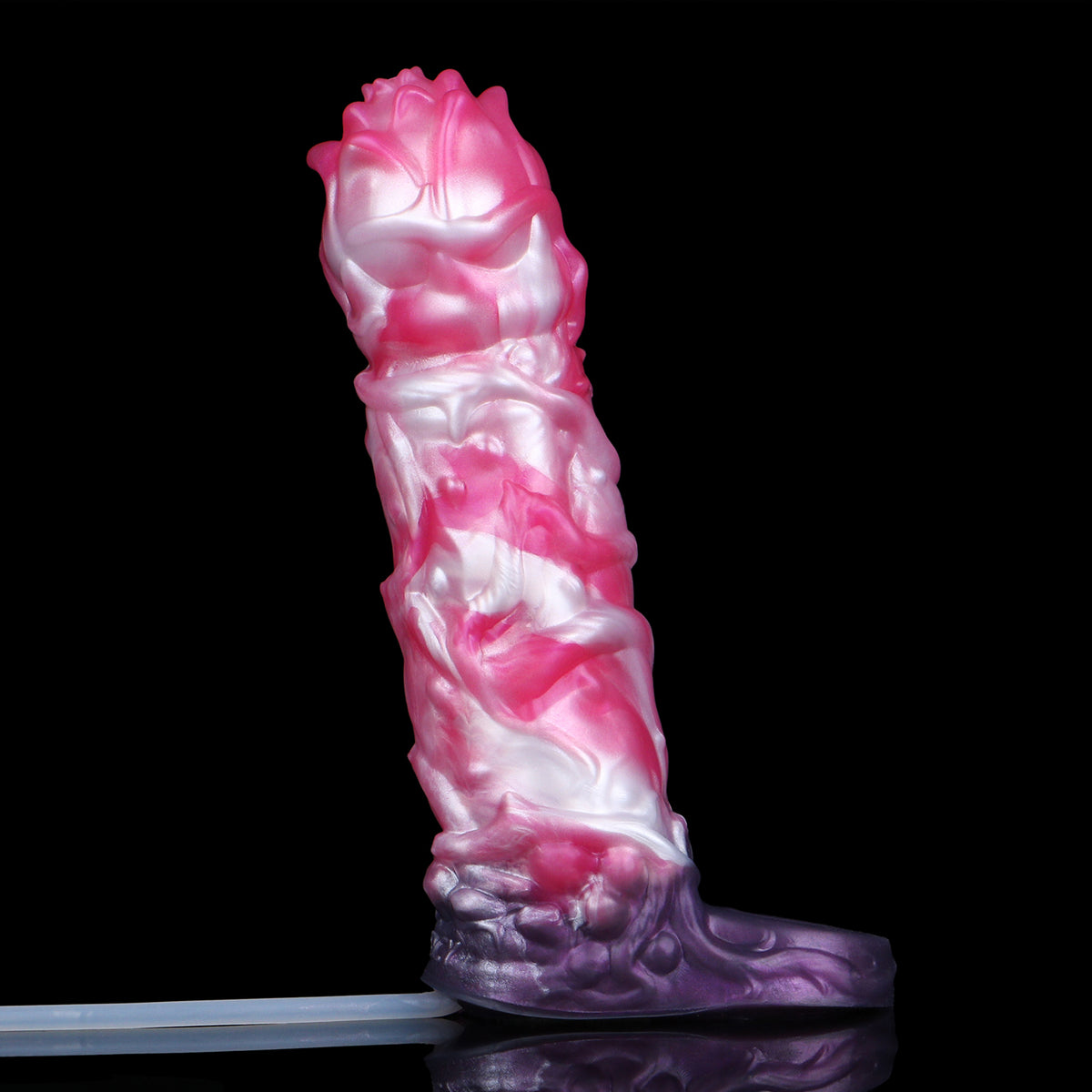 Geistlotus Penis Sleeve – Mehrschichtige Lotusblüten-Kronenspitze, Rosa-Weiss-Perlmuttwirbel-Rankenschaft, Spritzfunktion & Violetter Penisring-Verzögerungssockel aus Platin-Silikon