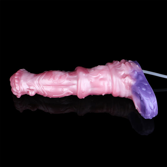 Kronenkreatur Penis Sleeve – Fächerblatt-Coronarand, Segmentierter Muskelschaft, Rosa-Violett-Farbverlauf & Spritzfunktion aus Platin-Silikon | S/M/L