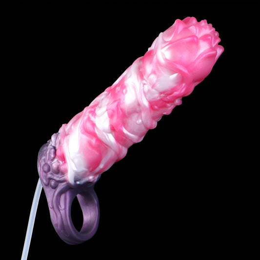 Geistlotus Penis Sleeve – Mehrschichtige Lotusblüten-Kronenspitze, Rosa-Weiss-Perlmuttwirbel-Rankenschaft, Spritzfunktion & Violetter Penisring-Verzögerungssockel aus Platin-Silikon