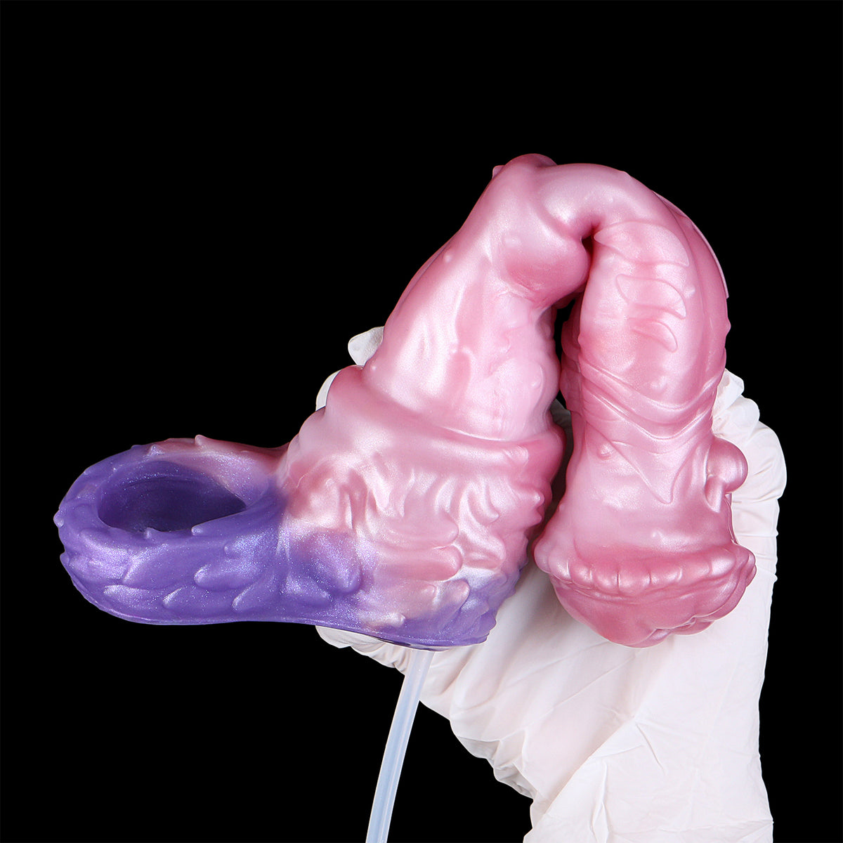 Kronenkreatur Penis Sleeve – Fächerblatt-Coronarand, Segmentierter Muskelschaft, Rosa-Violett-Farbverlauf & Spritzfunktion aus Platin-Silikon | S/M/L