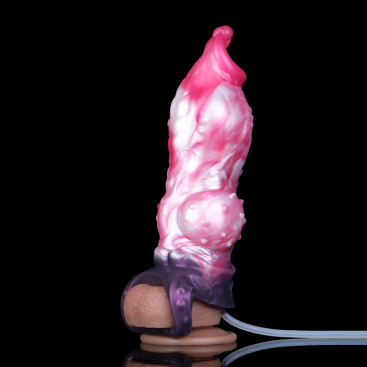 Sternnova Penis Sleeve – Bionische Wulststruktur, Rosa-Weiss-Perlmuttwirbel, Spritzfunktion & Violetter Erweiterungsring-Verzögerungssockel aus Platin-Silikon