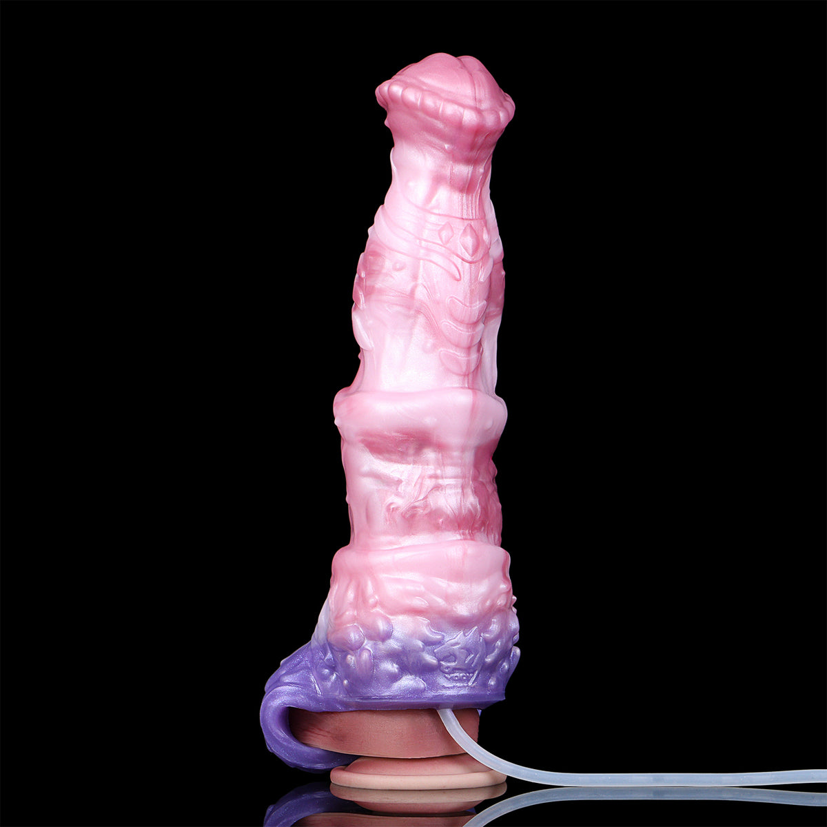 Kronenkreatur Penis Sleeve – Fächerblatt-Coronarand, Segmentierter Muskelschaft, Rosa-Violett-Farbverlauf & Spritzfunktion aus Platin-Silikon | S/M/L