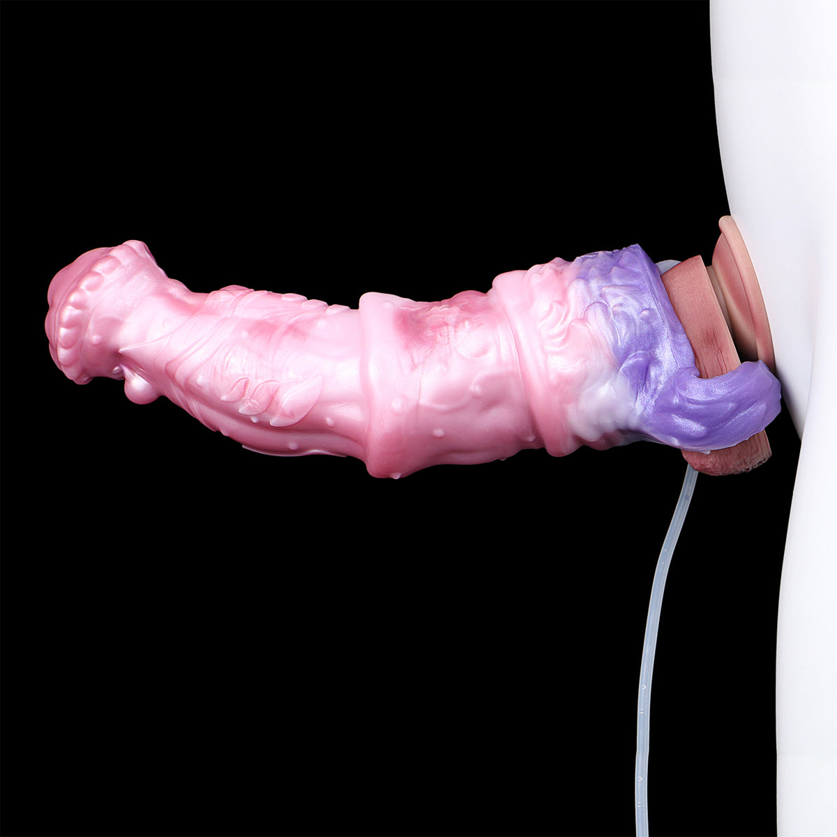 Kronenkreatur Penis Sleeve – Fächerblatt-Coronarand, Segmentierter Muskelschaft, Rosa-Violett-Farbverlauf & Spritzfunktion aus Platin-Silikon | S/M/L
