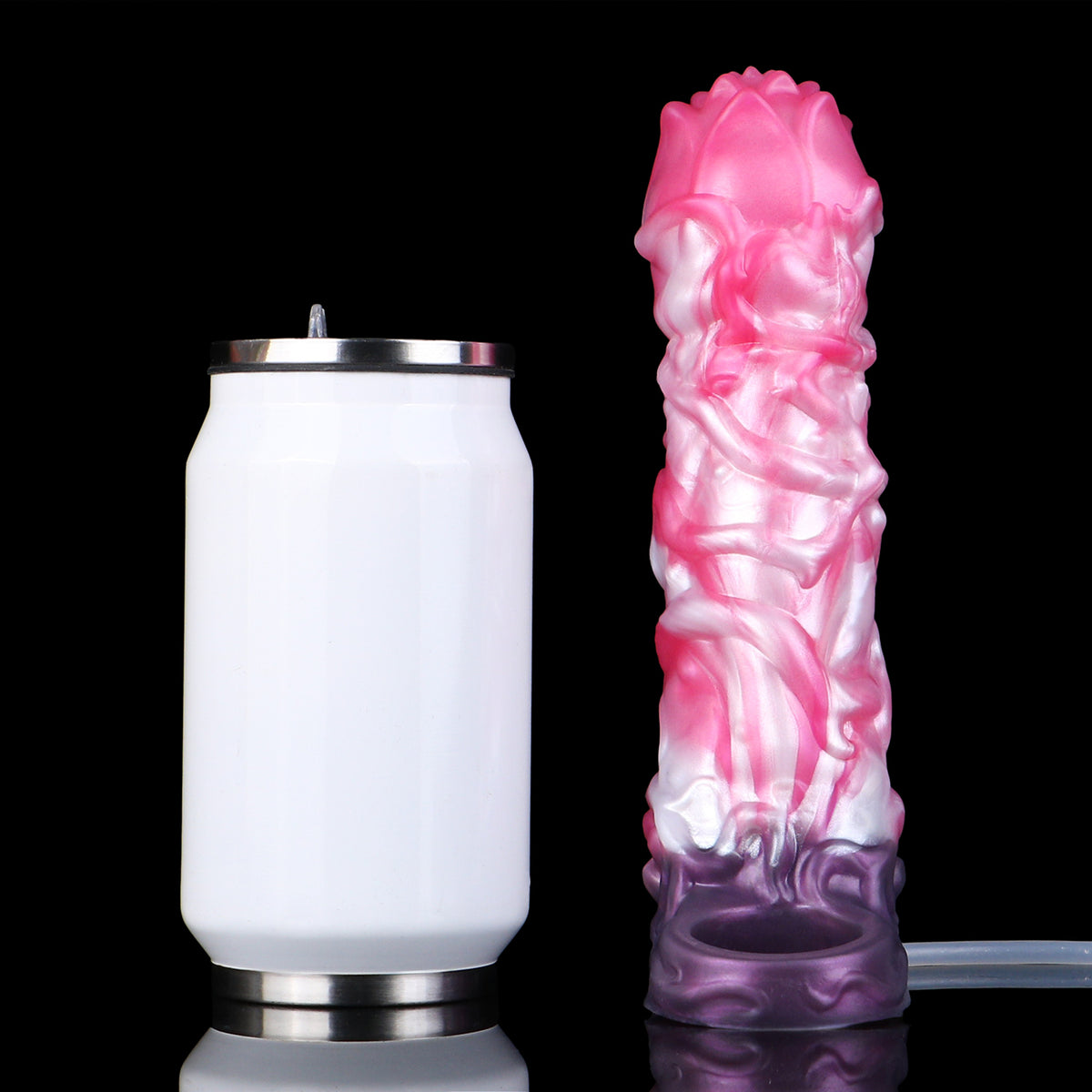 Geistlotus Penis Sleeve – Mehrschichtige Lotusblüten-Kronenspitze, Rosa-Weiss-Perlmuttwirbel-Rankenschaft, Spritzfunktion & Violetter Penisring-Verzögerungssockel aus Platin-Silikon