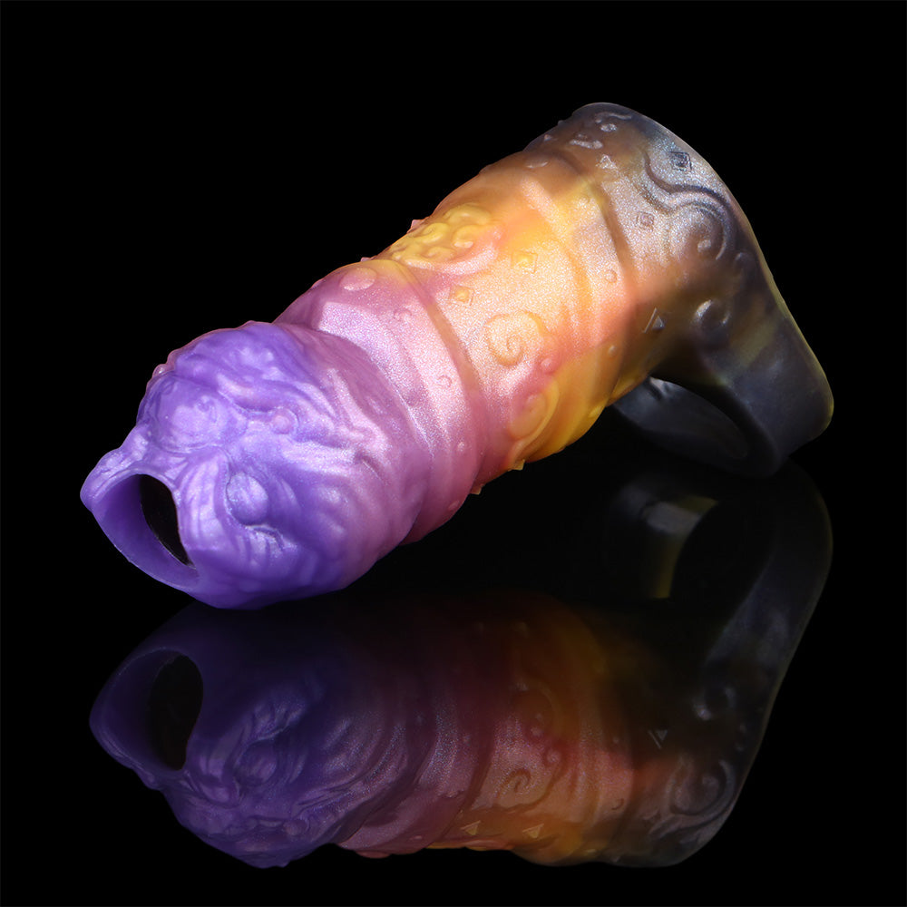 Penihülle Monsterhead – Violett-Orange-Gold, Offene Eichel & Medizinisches Silikon