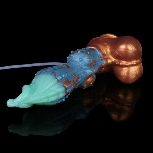 Squirting Dildo Drachenhund-Edition – Mintgrün & Kobaltblau, Lavagold-Schuppen, Spritzfunktion & Saugnapf aus Platin-Silikon (S/M/L)