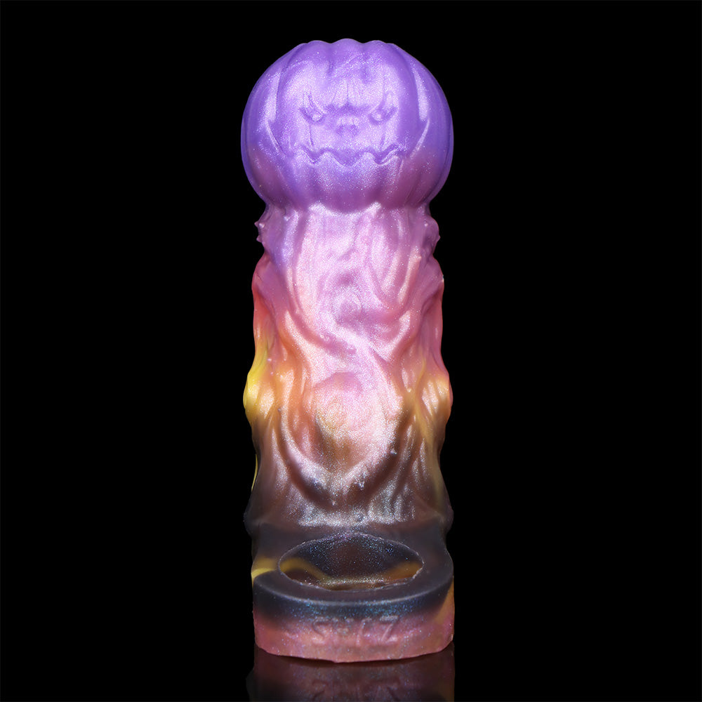 Kürbiskopf Penis Sleeve in Violett-Orange – Offene Eichel, Platin-Silikon & Grusel-Design