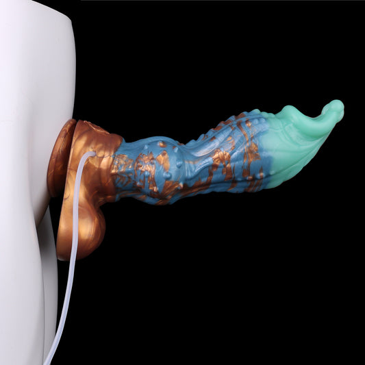 Squirting Dildo Drachenhund-Edition – Mintgrün & Kobaltblau, Lavagold-Schuppen, Spritzfunktion & Saugnapf aus Platin-Silikon (S/M/L)