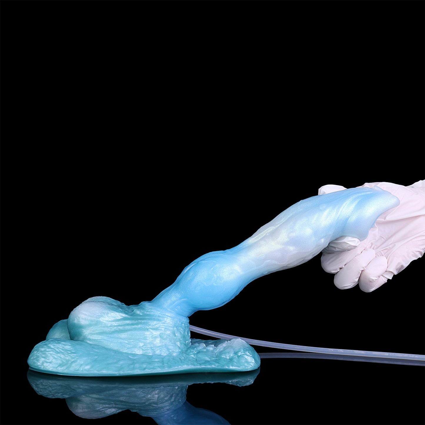 Squirting Dildo Eisblau – Spiralschaft, Kugelcluster & Drei Spritz-Modi aus Platin-Silikon