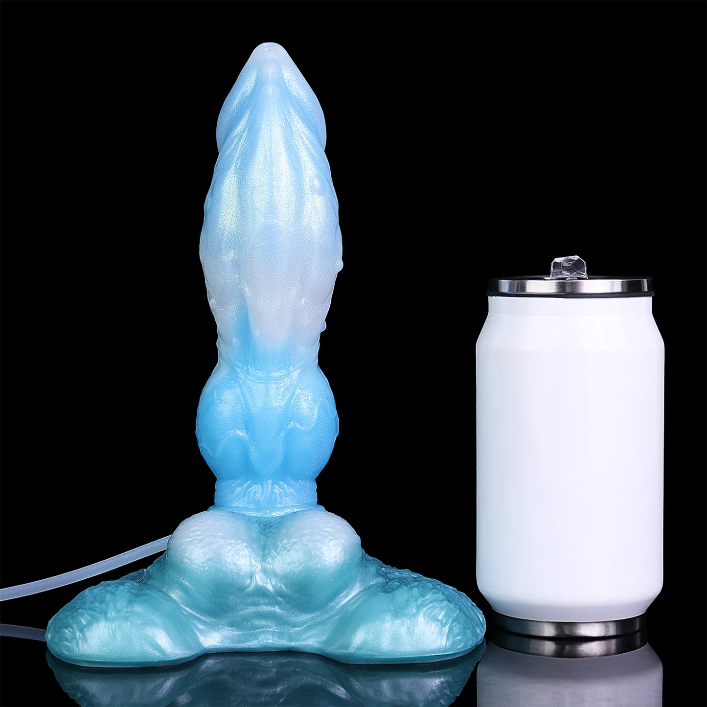 Squirting Dildo Eisblau – Spiralschaft, Kugelcluster & Drei Spritz-Modi aus Platin-Silikon
