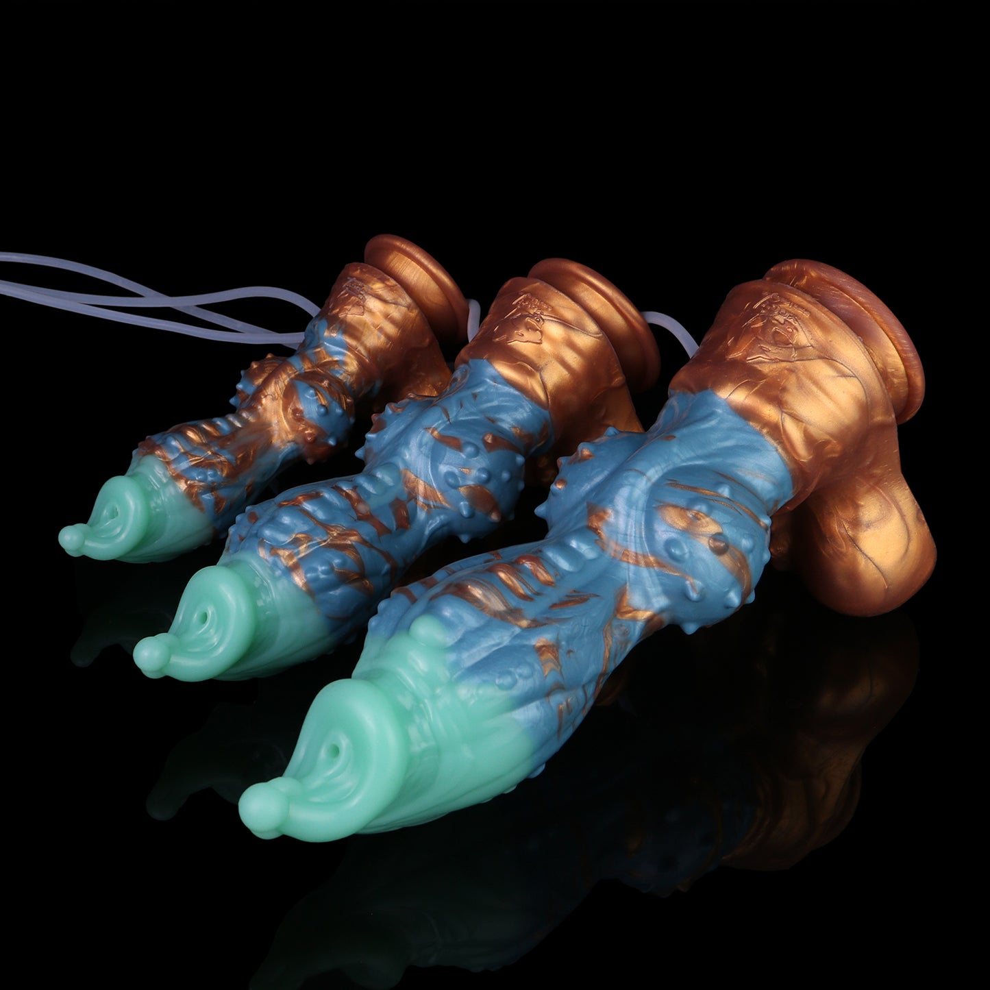 Squirting Dildo Drachenhund-Edition – Mintgrün & Kobaltblau, Lavagold-Schuppen, Spritzfunktion & Saugnapf aus Platin-Silikon (S/M/L)