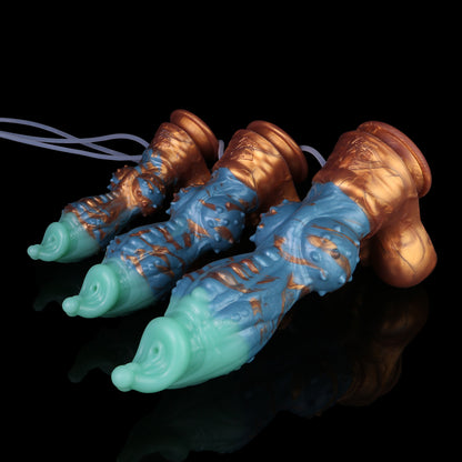 Squirting Dildo Drachenhund-Edition – Mintgrün & Kobaltblau, Lavagold-Schuppen, Spritzfunktion & Saugnapf aus Platin-Silikon (S/M/L)