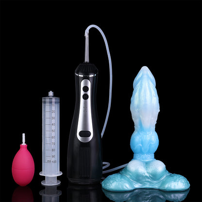 Squirting Dildo Eisblau – Spiralschaft, Kugelcluster & Drei Spritz-Modi aus Platin-Silikon