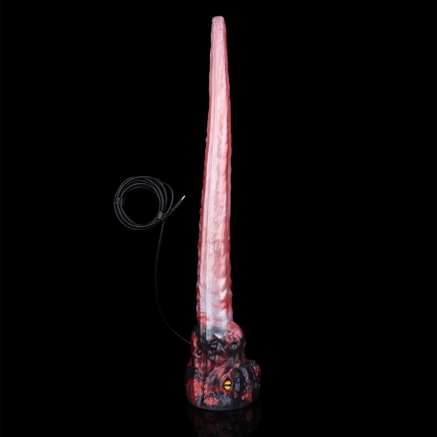 Rotes Drachenauge Long Dildo – Karmesinrot & Weiße Tintenströmungen, Drachenkopf-Sockel mit Goldauge & Drachenschuppen aus Platin-Silikon