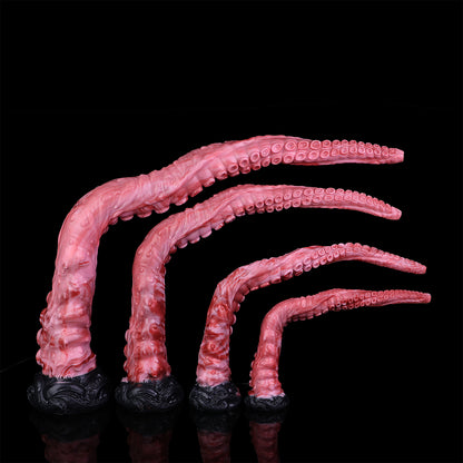 Tiefsee-Tentakel Long Dildo – Korallenpink mit Saugnapf-Reihen, 4 Größen (S/M/L/XL), HD-Kamera & Schwarzer Skulptursockel aus Platin-Silikon