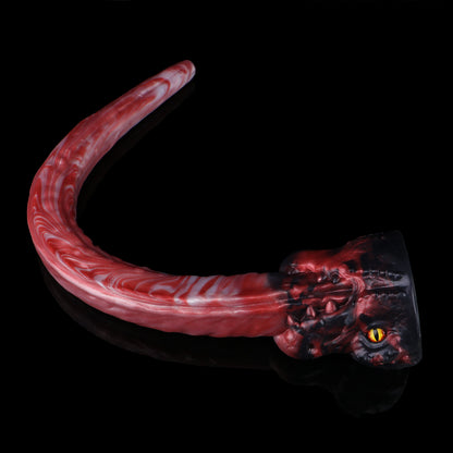 Rotes Drachenauge Long Dildo – Karmesinrot & Weiße Tintenströmungen, Drachenkopf-Sockel mit Goldauge & Drachenschuppen aus Platin-Silikon