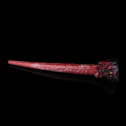 Rotes Drachenauge Long Dildo – Karmesinrot & Weiße Tintenströmungen, Drachenkopf-Sockel mit Goldauge & Drachenschuppen aus Platin-Silikon
