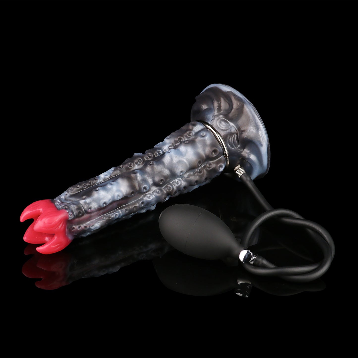 Alien-Tentakel Ovipositor: Phallischer Fantasy-Eiablageapparat in Schwarz-Meliert mit Pumpe, Eiern & Saugfuß