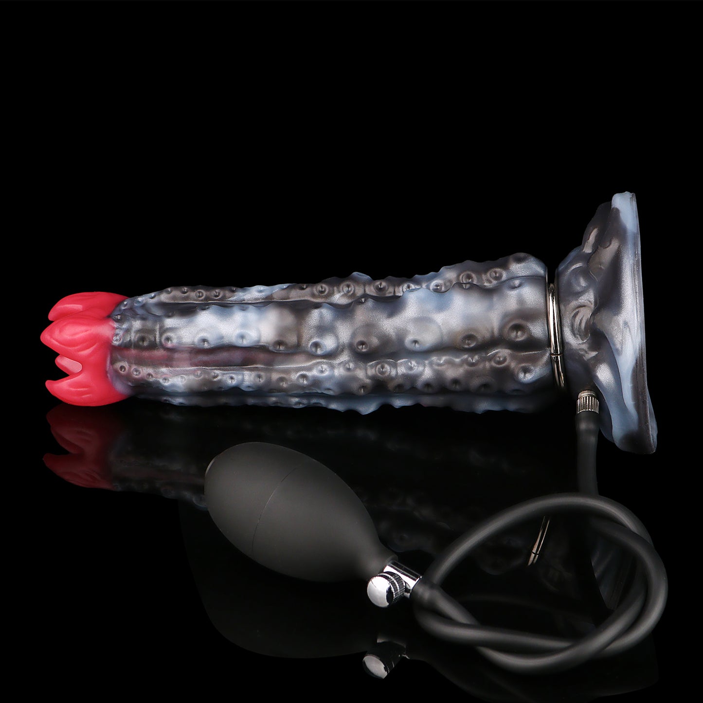 Alien-Tentakel Ovipositor: Phallischer Fantasy-Eiablageapparat in Schwarz-Meliert mit Pumpe, Eiern & Saugfuß