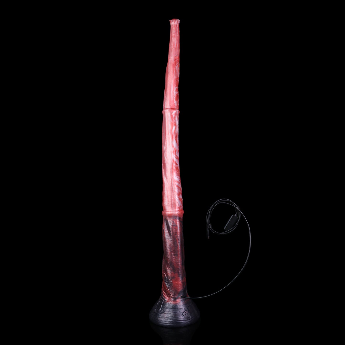 Glutwurm Long Dildo – Rosé-Pink & Perlmutt-Wolken, Dunkelrote Lavaströmungen, Violettblauer Trompetensockel & Blütenspitze mit HD-Kamera aus Platin-Silikon