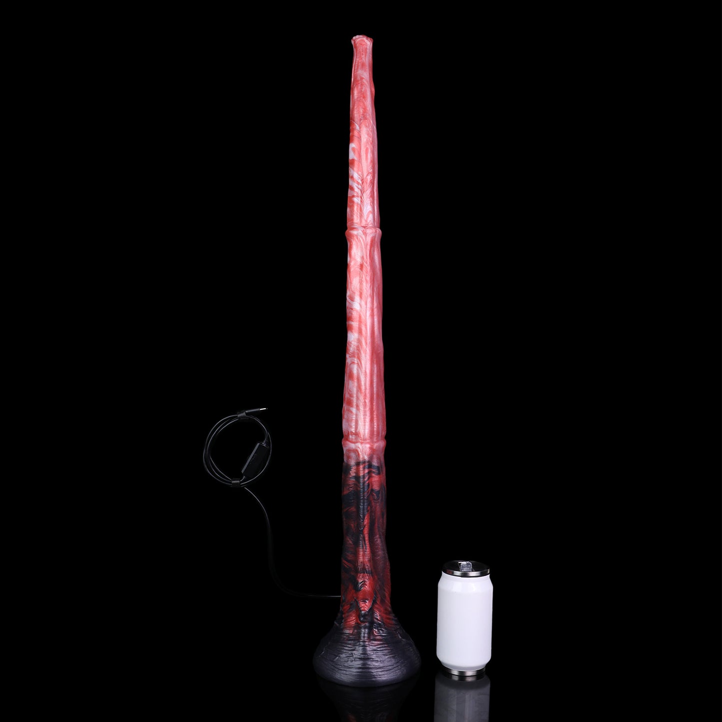 Glutwurm Long Dildo – Rosé-Pink & Perlmutt-Wolken, Dunkelrote Lavaströmungen, Violettblauer Trompetensockel & Blütenspitze mit HD-Kamera aus Platin-Silikon