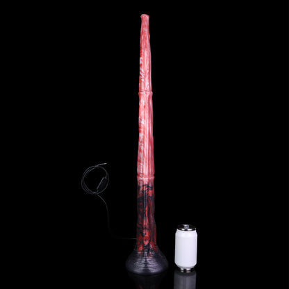 Glutwurm Long Dildo – Rosé-Pink & Perlmutt-Wolken, Dunkelrote Lavaströmungen, Violettblauer Trompetensockel & Blütenspitze mit HD-Kamera aus Platin-Silikon