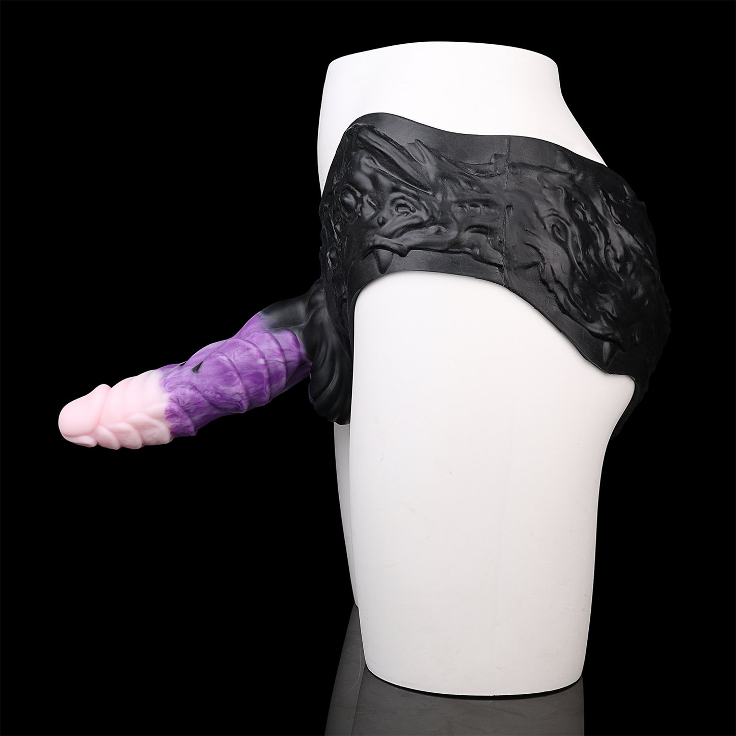 Large Fantasy Dildo Platinum Silicone Strap-On Set - Strap-On Dildo with Baroque Harness and Dragon Scale Shaft
