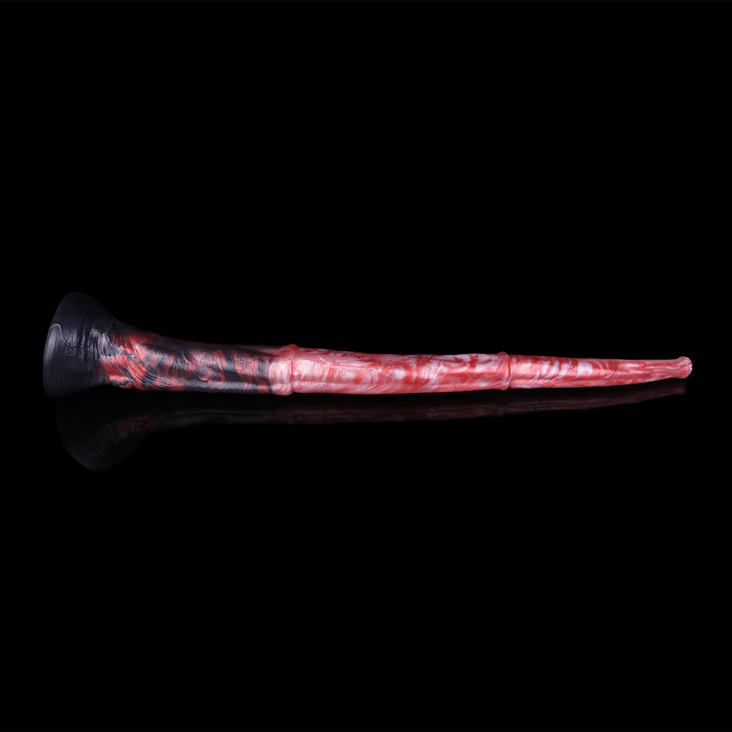 Glutwurm Long Dildo – Rosé-Pink & Perlmutt-Wolken, Dunkelrote Lavaströmungen, Violettblauer Trompetensockel & Blütenspitze mit HD-Kamera aus Platin-Silikon