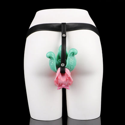 Fantasy Butt Plug & Pocket Pussy in Einem – Mintgrüne Tentakel, Korallenrosa Blütenblätter & Leder-Harness aus Platin-Silikon