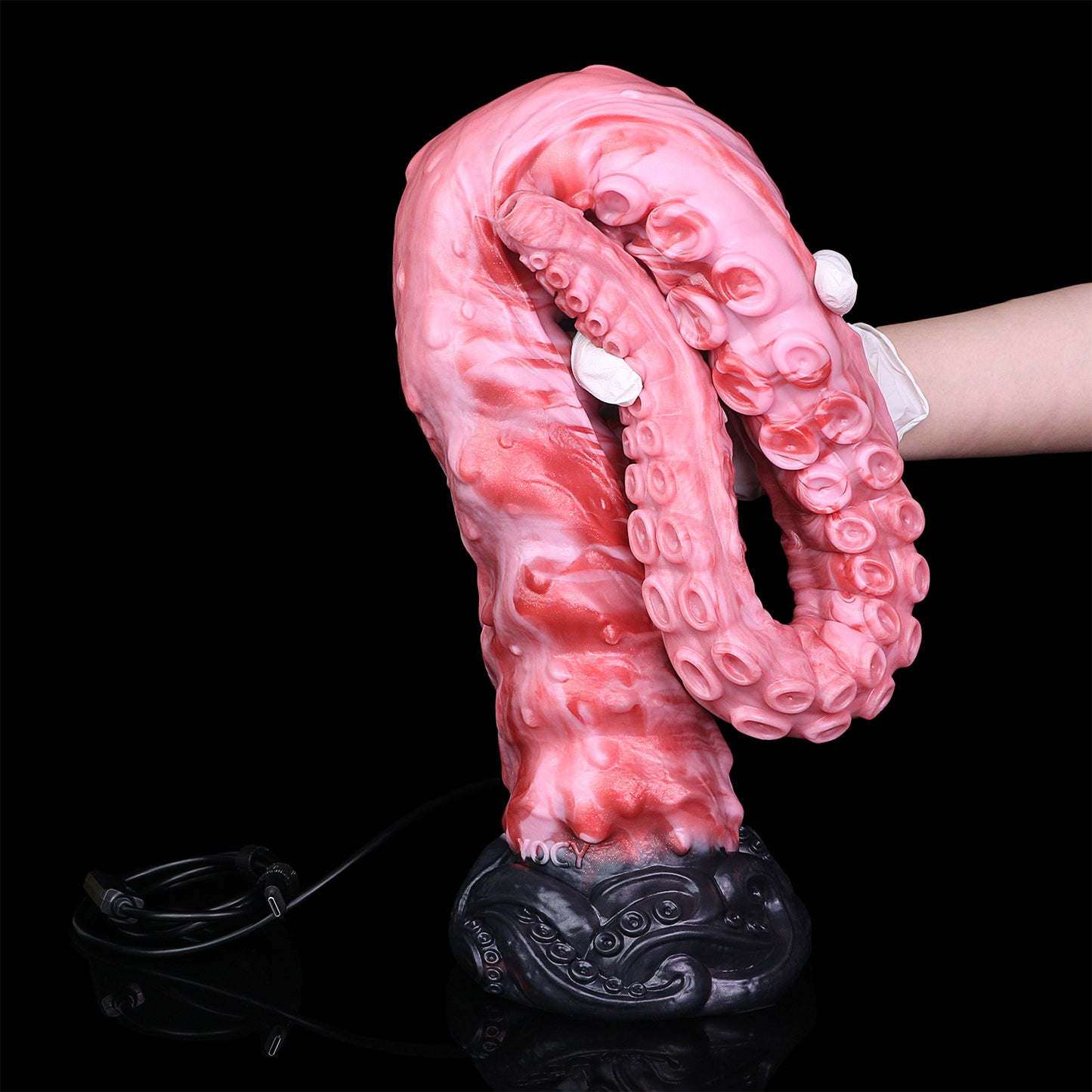 Tiefsee-Tentakel Long Dildo – Korallenpink mit Saugnapf-Reihen, 4 Größen (S/M/L/XL), HD-Kamera & Schwarzer Skulptursockel aus Platin-Silikon