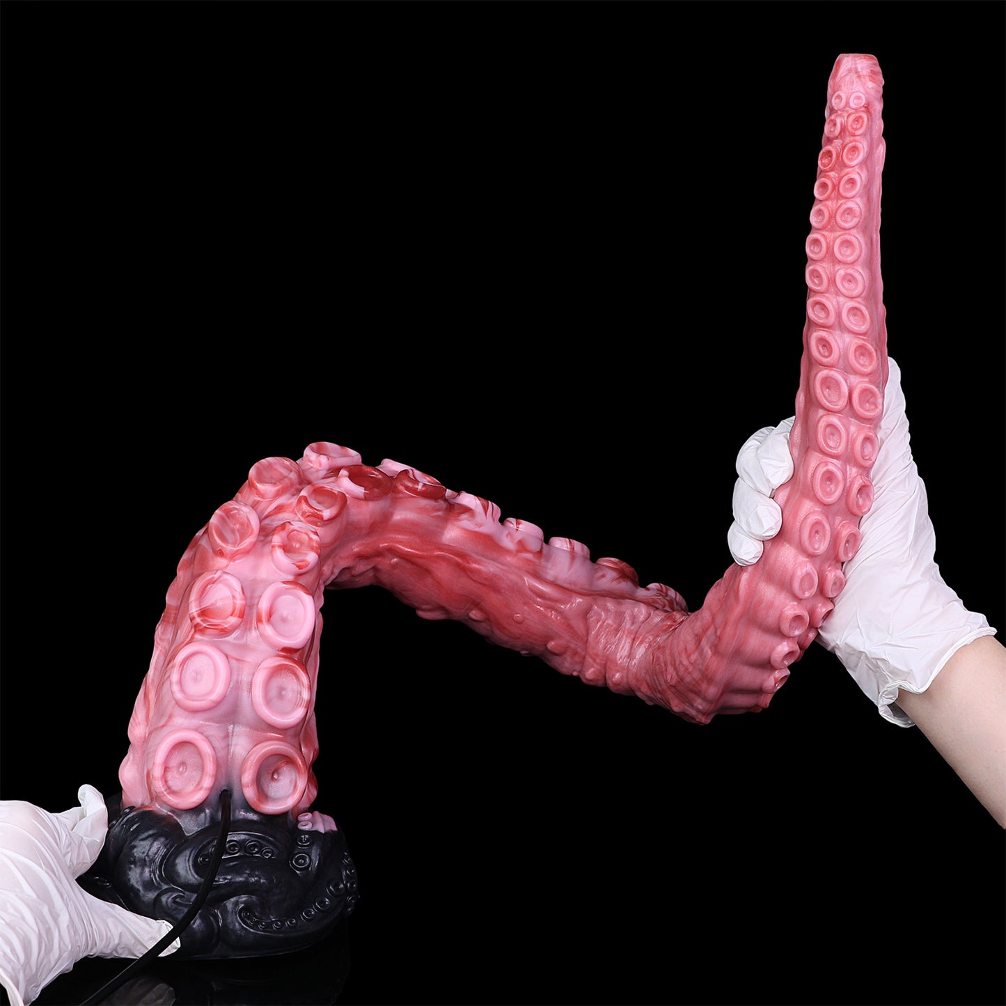 Tiefsee-Tentakel Long Dildo – Korallenpink mit Saugnapf-Reihen, 4 Größen (S/M/L/XL), HD-Kamera & Schwarzer Skulptursockel aus Platin-Silikon