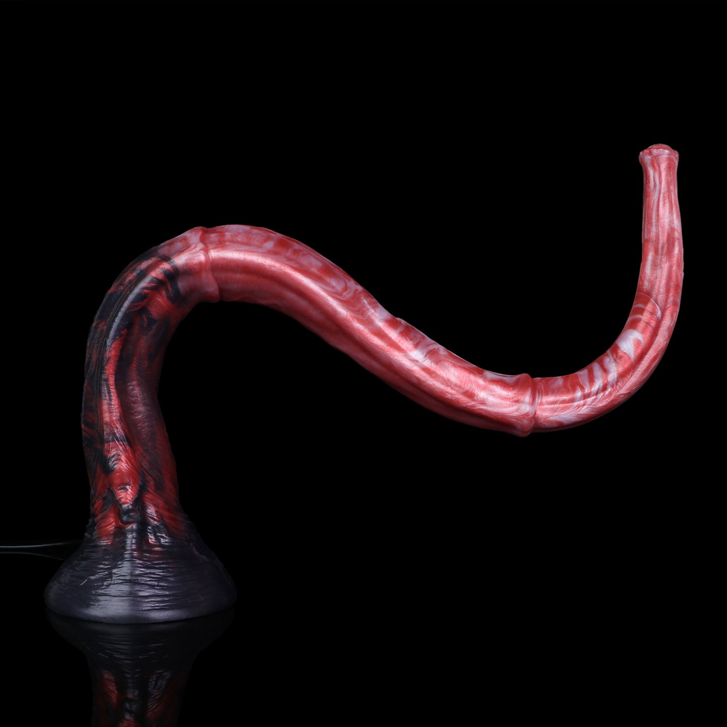 Glutwurm Long Dildo – Rosé-Pink & Perlmutt-Wolken, Dunkelrote Lavaströmungen, Violettblauer Trompetensockel & Blütenspitze mit HD-Kamera aus Platin-Silikon