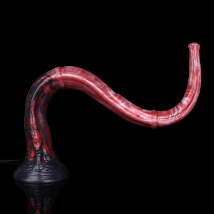 Glutwurm Long Dildo – Rosé-Pink & Perlmutt-Wolken, Dunkelrote Lavaströmungen, Violettblauer Trompetensockel & Blütenspitze mit HD-Kamera aus Platin-Silikon