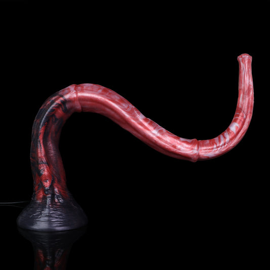 Glutwurm Long Dildo – Rosé-Pink & Perlmutt-Wolken, Dunkelrote Lavaströmungen, Violettblauer Trompetensockel & Blütenspitze mit HD-Kamera aus Platin-Silikon