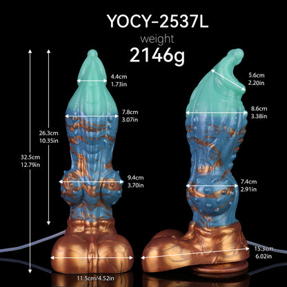 Squirting Dildo Drachenhund-Edition – Mintgrün & Kobaltblau, Lavagold-Schuppen, Spritzfunktion & Saugnapf aus Platin-Silikon (S/M/L)