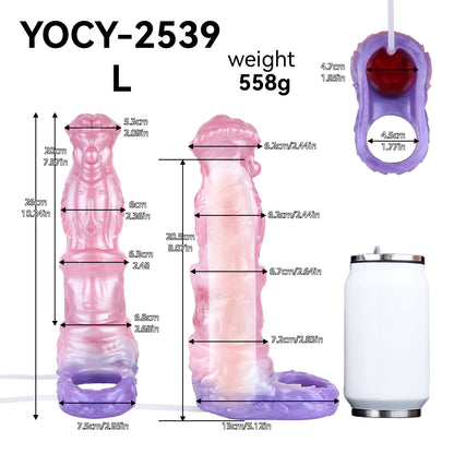 Kronenkreatur Penis Sleeve – Fächerblatt-Coronarand, Segmentierter Muskelschaft, Rosa-Violett-Farbverlauf & Spritzfunktion aus Platin-Silikon | S/M/L