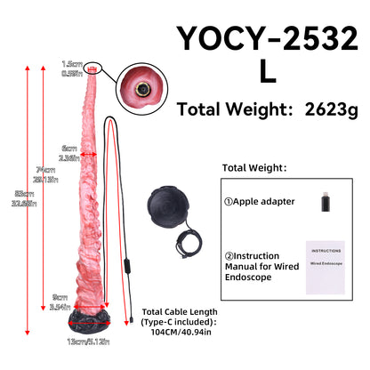 Tiefsee-Tentakel Long Dildo – Korallenpink mit Saugnapf-Reihen, 4 Größen (S/M/L/XL), HD-Kamera & Schwarzer Skulptursockel aus Platin-Silikon