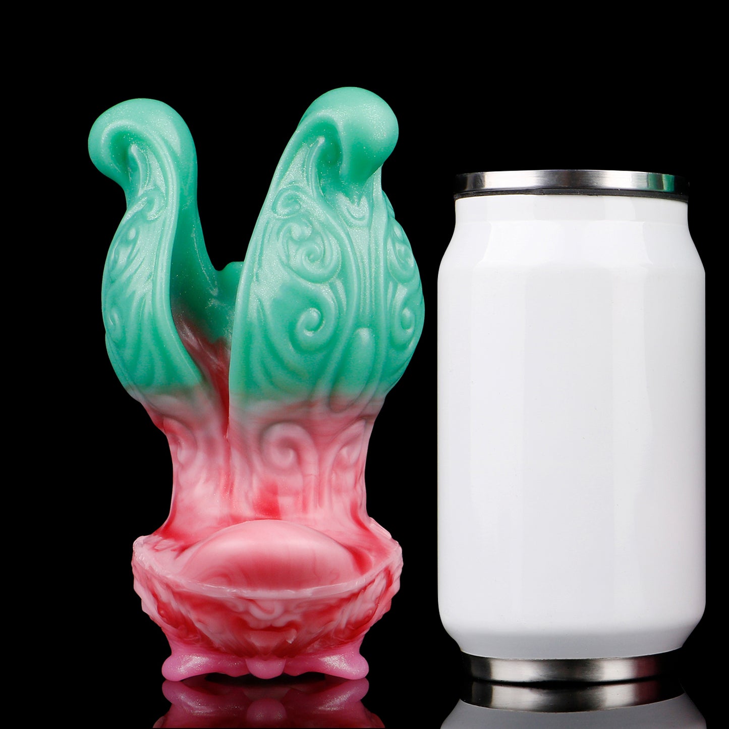 Fantasy Butt Plug & Pocket Pussy in Einem – Mintgrüne Tentakel, Korallenrosa Blütenblätter & Leder-Harness aus Platin-Silikon