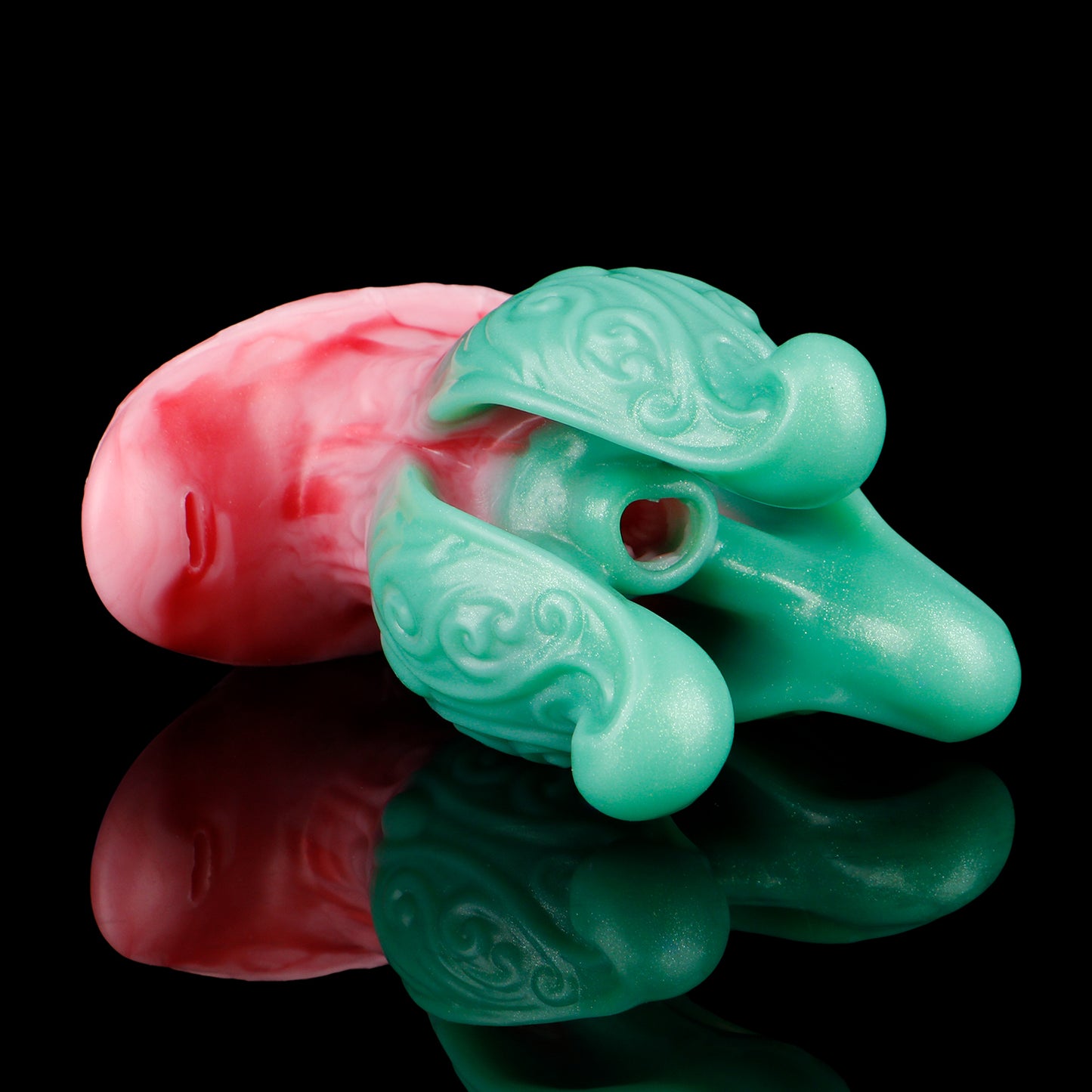 Fantasy Butt Plug & Pocket Pussy in Einem – Mintgrüne Tentakel, Korallenrosa Blütenblätter & Leder-Harness aus Platin-Silikon