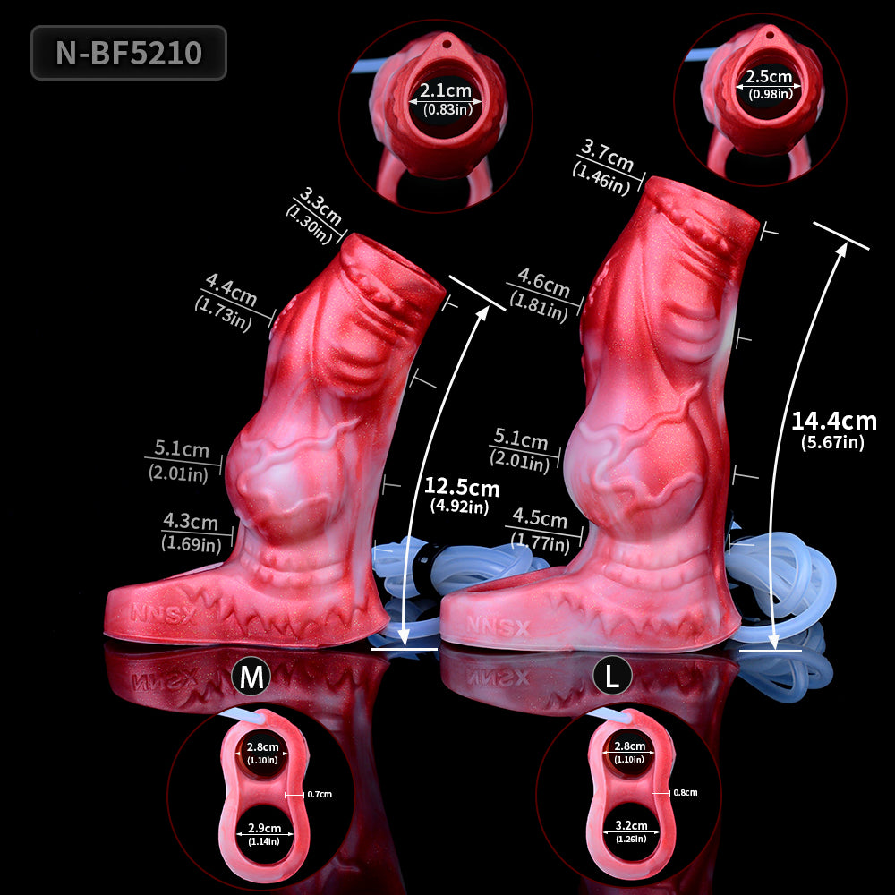 Fantasy Penis Sleeve with Ejaculation Function – Red and White Premium Silicone Penis Cover with Testicle Ring for Role Play & Couples