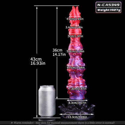 Tentakel Long Dildo – Rot-Lila Farbverlauf, Oktopus-Kopf-Sockel, Dichte Saugnapf-Reihen & Dreieck-Spitze aus Platin-Silikon