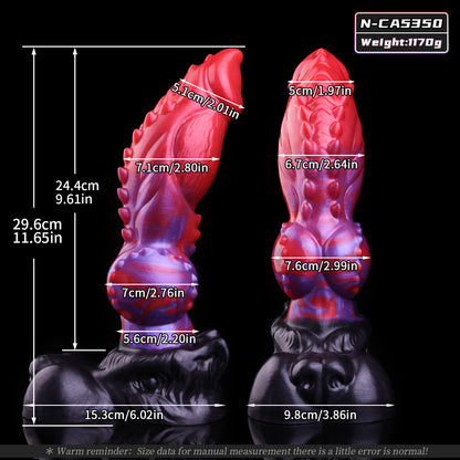 Rot-Lila Dog Dildo – Knöchel-Widerhaken, Knotted-Kugel, Schwarzgrauer Hundekopf-Sockel & Doppelball-Saugnapf aus Platin-Silikon